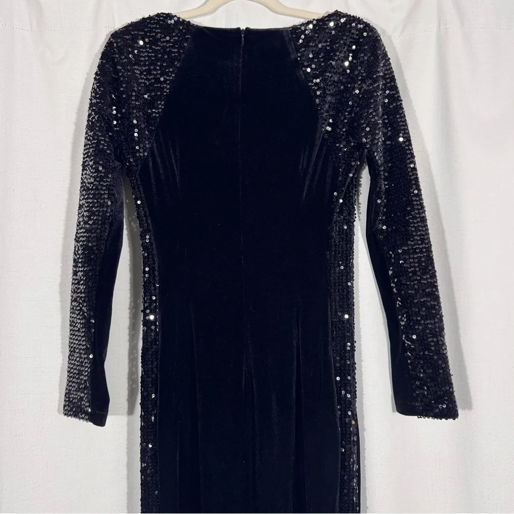 Vintage Black Velvet Sequin Panel Long Sleeve Dress